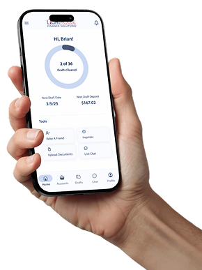 Hand holding an iPhone 16 Pro with the Lighthouse Finance Solutions Mobile App installed