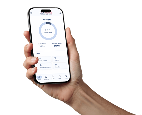 Hand holding an iPhone 16 Pro with the Lighthouse Finance Solutions Mobile App installed